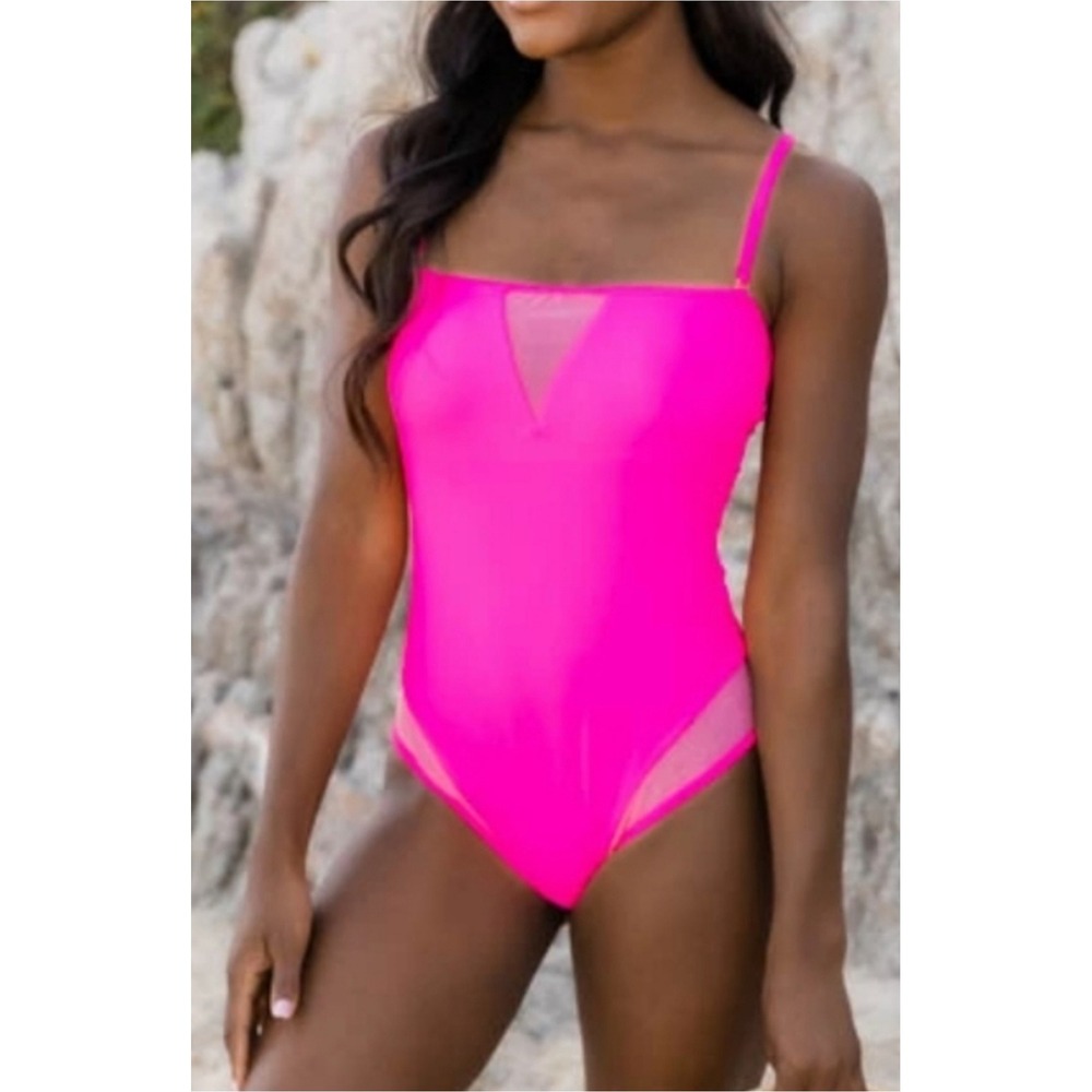 Pink Lily Dive Into Love Woman's Hot Pink‎ Mesh One Piece Swimsuit V-Neck Size M